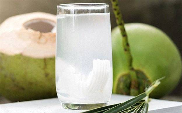 A glass of water with a coconut and coconutDescription automatically generated